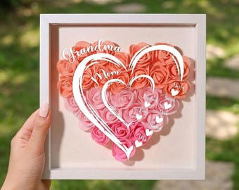 Personalisieren Sie Oma Herz Mom Herz Rose Shadow Box, kundenspezifische Hand, die Rahmen mit Kindernamen hält, Geschenk für Mama, Oma, Nana