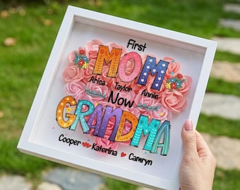 Personalisieren Sie erste Mama jetzt Oma Rose Shadow Box, benutzerdefinierte Hand hält Rahmen mit Kindernamen, Geschenk für Mama, Oma, Nana