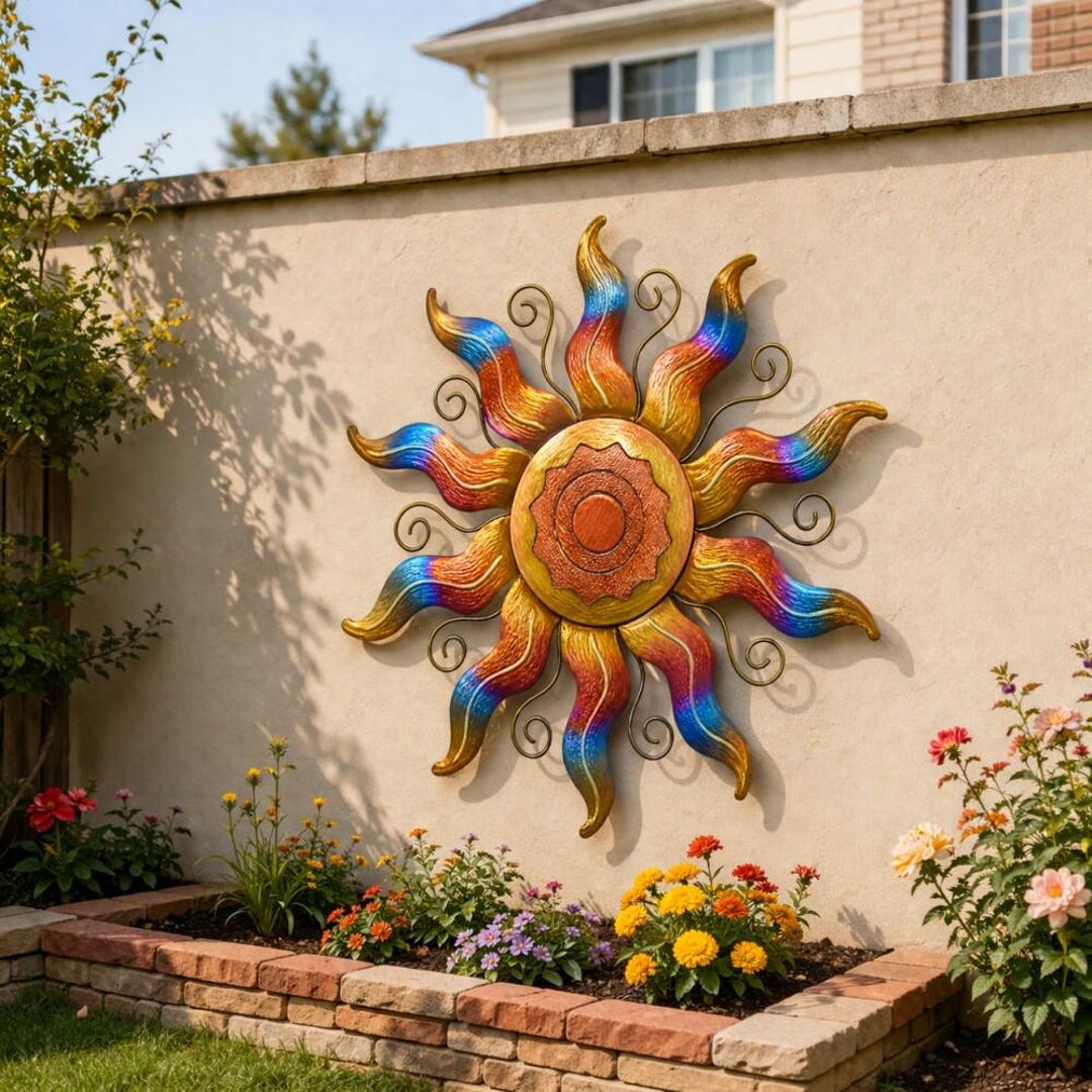 Large Sun Metal Wall Art, Rustic Outdoor Sun Decor, Boho Patio Wall ...