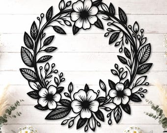Metal Wildflower Wreath Wall Art, Garden Outdoor Accent, Spring Summer Flower Hanging, Gift for Plant & Nature Lovers, Home Wall Decor