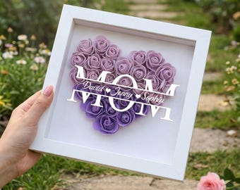 Personalisieren Sie Mutter Blumenherz Schattenbox, benutzerdefinierte Hand hält Rahmen mit Kindernamen, Geschenk für Mutter, Oma, Nana