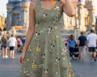 Abito skater vintage di Topolino e Minnie del Regno Animale, abito da donna Disney Mouse, abito estivo dei cartoni animati, abito di Topolino per lei, regalo del Regno Magico