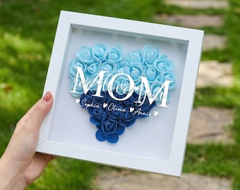 Personalisieren Sie das Tagesgeschenk der Mutter Rose Schatten-Box, kundenspezifische Hand, die Rahmen mit Kindernamen hält, Geschenk für Mama, Oma, Nana