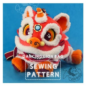 May include: A plush red and orange dancing lion bag sewing pattern. The lion has white fur trim, large cartoon eyes, and a small orange nose. The text "DANCING LION BAG" and "SEWING PATTERN" are displayed on the bag.