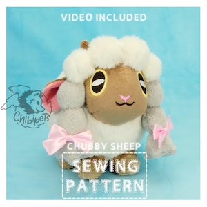 May include: A plush toy sheep with a fluffy white head, brown face, and gray body. Pink bows adorn the legs. The text "VIDEO INCLUDED", "CHUBBY SHEEP", and "SEWING PATTERN" are visible on the image.