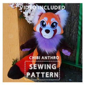 May include: A plush red panda with a white face, ears, and chest, and a fluffy purple collar. The plush has brown arms and legs, and a long, striped tail. Text on the image reads "VIDEO INCLUDED" and "CHIBI ANTHRO SEWING PATTERN."