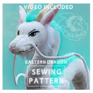 May include: White plush Eastern Dragon sewing pattern with turquoise accents. The pattern includes a video tutorial. "VIDEO INCLUDED" and "SEWING PATTERN" are written in turquoise text on the image.