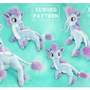 May include: Sewing pattern for a plush toy dragon with a light blue body, purple mane, and white horns. The pattern includes multiple views of the dragon in different poses.