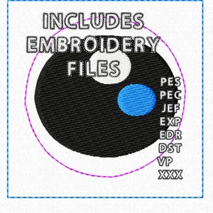 May include: A white square with a blue border contains a black circle with a white circle and a blue circle inside. The text "INCLUDES EMBROIDERY FILES" is above the circle. The text "PES PEC JEF EXP EDR DST VP XXX" is to the right of the circle.