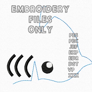 May include: Embroidery files only.  PES, PEC, JEF, EXP, EDR, DST, VP, XXX.  A blue line forms a fish shape with a black and white circle in the center.  Three black curved lines are on the left side of the image.