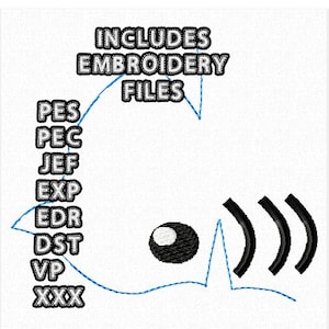 May include: A digital embroidery design of a cartoon fish with three black waves behind it. The design includes embroidery files in the following formats: PES, PEC, JEF, EXP, EDR, DST, VP, XXX.  Includes Embroidery Files.