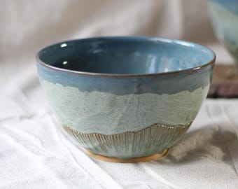 Handmade glacier ceramic ramen bowl - carved pottery - functional and decorative tableware
