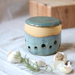 Puede incluir: Un tarro de cerámica hecho a mano para guardar ajos, con tapa turquesa, sección media amarilla clara y base turquesa con orificios de ventilación. A su alrededor, hay dientes de ajo y ramitas de romero.