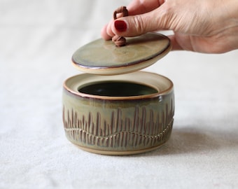 以下が含まれることがあります： 手作りの陶器の瓶と蓋。瓶はくすんだ緑色で、底には茶色の縦線のディテールがあります。蓋には小さな茶色のループハンドルが付いています。瓶は、おそらく保管または展示に使用されます。