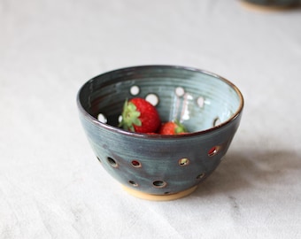 Handmade ceramic berry bowl  - Pottery strainer - Dark glacier