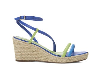 Rosa Blau Leder Espadrille Wedges - Jute-Plateau