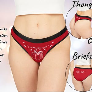 Aangepaste damesondergoed nieuwjaarsslipje met naam, gepersonaliseerde string of slip, grappig vakantielingeriecadeau, kerstsokvuller