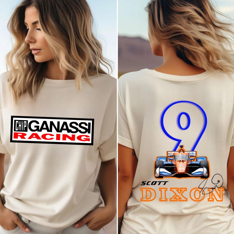 May include: Off-white short-sleeve t-shirt featuring "CHIP GANASSI RACING" in a black and red rectangular design on the front. The back displays a blue number 9, a race car graphic, and "SCOTT DIXON" in orange.