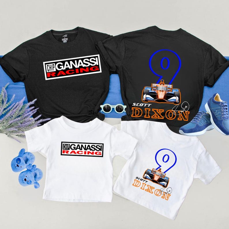 May include: Black and white t-shirts with the text "CHIP GANASSI RACING" and a racing car graphic. A white t-shirt with the same text and a racing car graphic. A black t-shirt with the number 9 and the name "SCOTT DIXON".