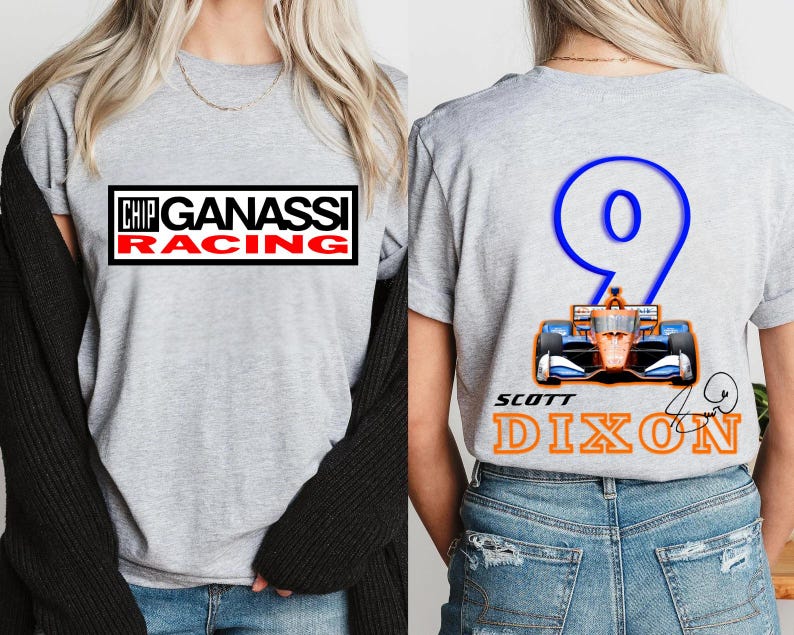 May include: A gray t-shirt featuring the "Chip Ganassi Racing" logo in a black and red rectangle on the front. The back displays a blue number 9 with a race car graphic and "Scott Dixon" in orange.