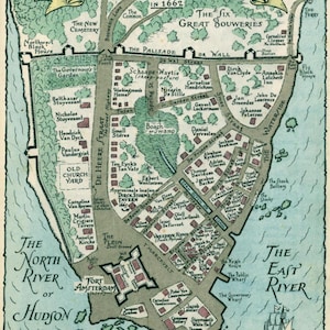 Vintage kaart van Nieuw Amsterdam: afdrukbare muurkunst (pdf en JPG) | Antieke stadsplattegrond | Historische New Yorkse kunstafdruk