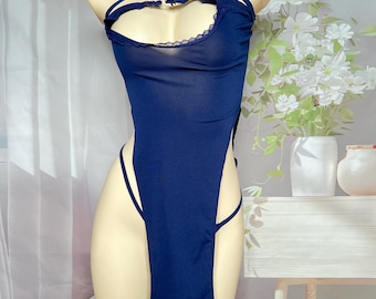 Navy Blue Lace Trim Lingerie Set, Sheer Halter Chemise Nightgown