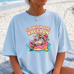 Raccoon Summer Tee, Funny Raccoon Pool Float Graphic Shirt, Retro Vacation Gift for Animal Lover, Cute Summer Beach