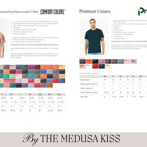May include: Product image featuring two t-shirts, one peach-colored and the other dark teal. The image includes a color chart with various hues and a size chart. The brand names "Comfort Colors" and "Printnest" are visible.