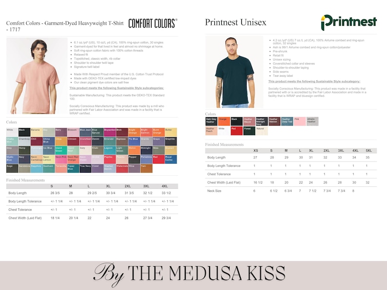 May include: Product image featuring two t-shirts, one peach-colored and the other dark teal. The image includes a color chart with various hues and a size chart. The brand names "Comfort Colors" and "Printnest" are visible.