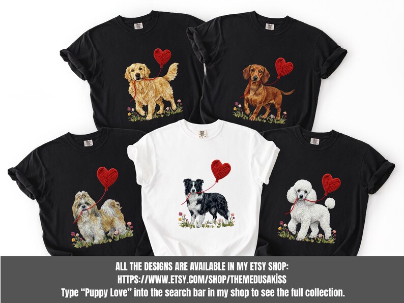 Faux Yarn Chihuahua shirt, puppy love shirt, yarn heart balloon, valentine dog tee style for tiny-dog fans. A cute Chihuahua with big ears holding a red yarn heart balloon string, finished with soft floral details for everyday wear.