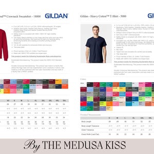 May include: A product catalog featuring Gildan apparel. The image showcases a red crewneck sweatshirt and a navy blue t-shirt. Color swatches and size charts are included, with measurements in inches. The text "By THE MEDUSA KISS" is at the bottom.