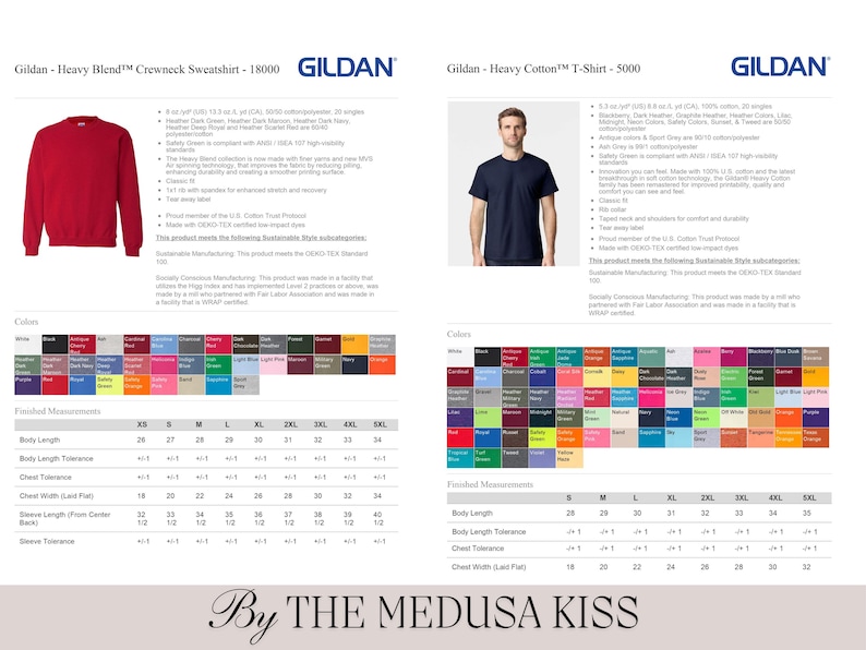 May include: A product catalog featuring Gildan apparel. The image showcases a red crewneck sweatshirt and a navy blue t-shirt. Color swatches and size charts are included, with measurements in inches. The text "By THE MEDUSA KISS" is at the bottom.