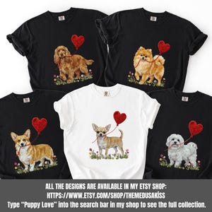 Faux Yarn Chihuahua shirt, puppy love shirt, yarn heart balloon, valentine dog tee style for tiny-dog fans. A cute Chihuahua with big ears holding a red yarn heart balloon string, finished with soft floral details for everyday wear.