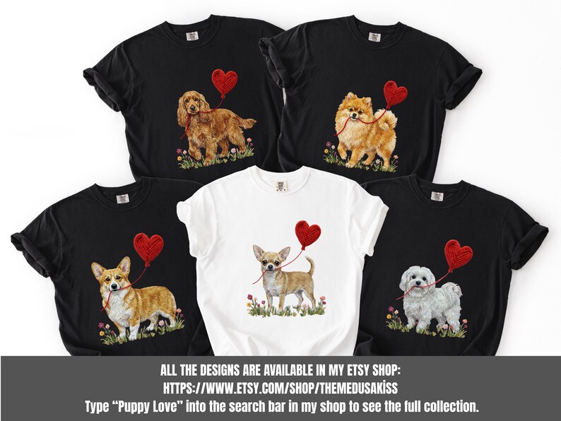 Faux Yarn Chihuahua shirt, puppy love shirt, yarn heart balloon, valentine dog tee style for tiny-dog fans. A cute Chihuahua with big ears holding a red yarn heart balloon string, finished with soft floral details for everyday wear.