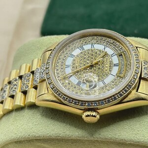 Rolex Day-Date President Watch in 18K Yellow Gold | Diamond Pave Dial, Bezel & Bracelet | Luxury Men’s Timepiece!