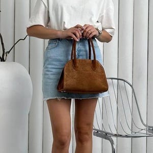 Genuine Suede Top Handle Bag, Minimalist Tote Bag