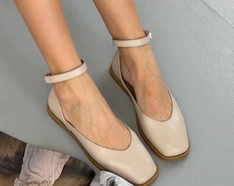 Damen Leder Mary Janes, Square Toe Ballettschuhe, Verstellbare Knöchelriemen Wohnungen, Stilvolle und Bequeme Schuhe, Handgefertigte Schuhe, Hochzeitsschuhe