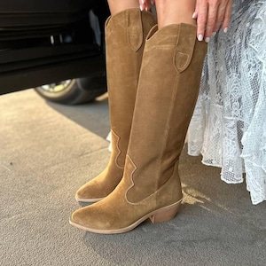 Women’s Camel Suede Knee High Boots – Flat Heel Tall Boots – Comfortable Demiseason Footwear for Dress, Skirt, Everyday Casual Outfits