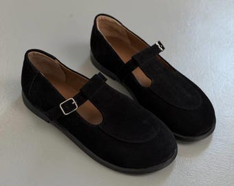 Wildleder Barfuß Mary Janes, breite Zehenbox Damen Wohnungen, anatomische Komfort Schuhe, minimalistische natürliche Wildleder Ballerinas Zero Drop Wanderschuhe