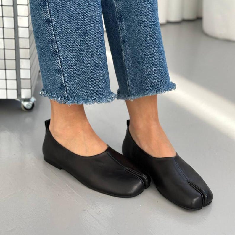 Black leather tabi shoes