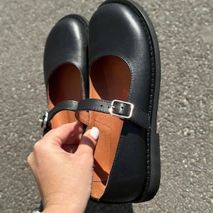 Anatomical Round Toe Mary Jane, Black Leather Ballet Flats, Comfortable Barefoot Shoes with Strap image 12
