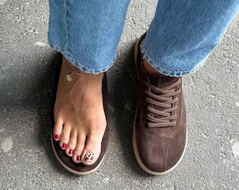 Anatomical Barefoot Sneakers, Women's Wide Toe Box Brown Suede Kicks, Zero Drop Lace-Up Trainers, Comfortable Minimalist Shoes, Daily Flats