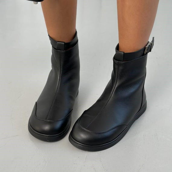 Barefoot Black Leather Boots, Wide Toe Box Winter Shoes, Zero Drop Ankle Booties, Wool Lined Anatomical Footwear, Minimalist Flat Sole