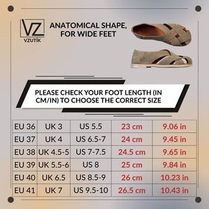 May include: Olive green sandals with a woven design, anatomical shape, and wide fit. The image includes a size chart with EU, UK, and US sizes, along with measurements in centimeters and inches. The text reads: "PLEASE CHECK YOUR FOOT LENGTH (IN CM/IN) TO CHOOSE THE CORRECT SIZE."