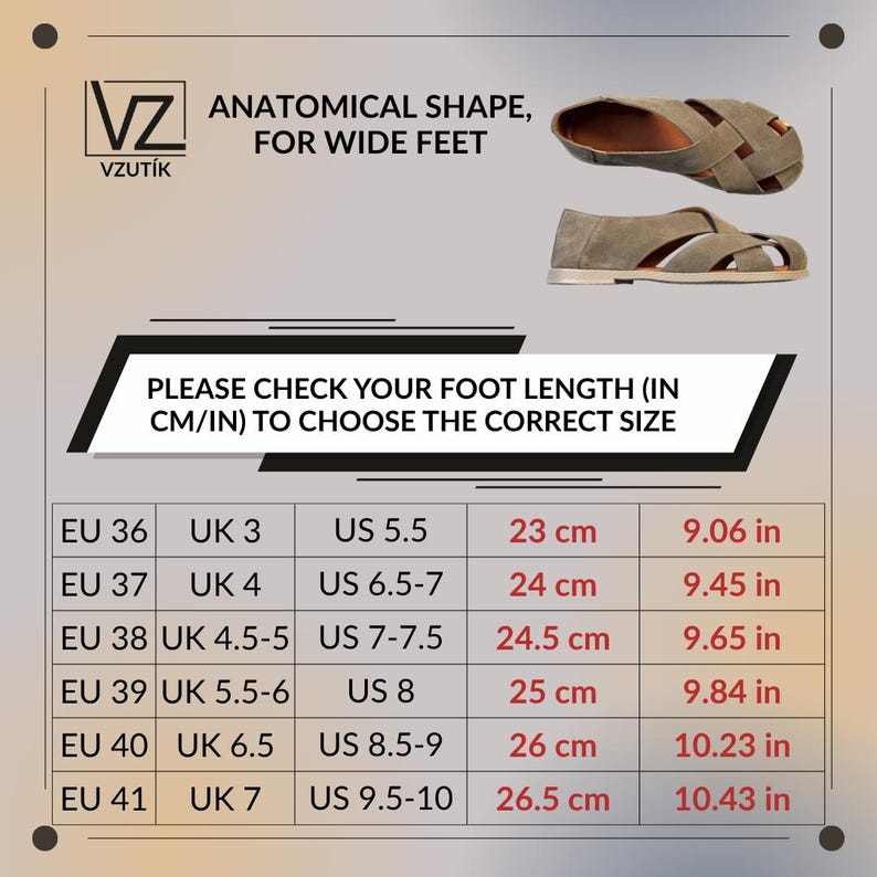 May include: Olive green sandals with a woven design, anatomical shape, and wide fit. The image includes a size chart with EU, UK, and US sizes, along with measurements in centimeters and inches. The text reads: "PLEASE CHECK YOUR FOOT LENGTH (IN CM/IN) TO CHOOSE THE CORRECT SIZE."