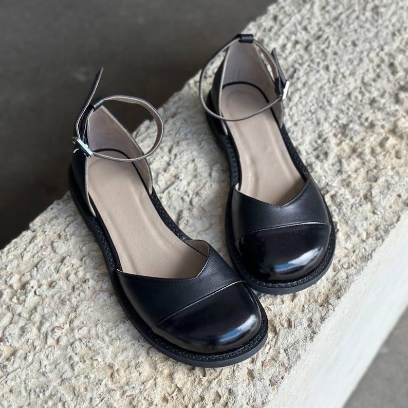 Natural Leather Mary Jane Flats, Women's Wide Toe Box Anatomical Shoes, Barefoot Style Ankle Strap Shoes, Comfortable Soft Minimalist Flats image 4