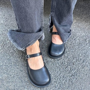 Anatomical Round Toe Mary Jane, Black Leather Ballet Flats, Comfortable Barefoot Shoes with Strap image 2