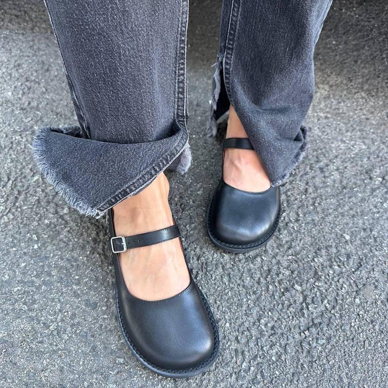 Anatomical Round Toe Mary Jane, Black Leather Ballet Flats, Comfortable Barefoot Shoes with Strap image 2