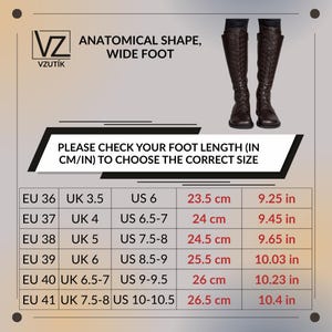 May include: A pair of dark brown knee-high lace-up boots with a wide foot anatomical shape. The image includes a sizing chart with EU, UK, and US sizes, along with foot length measurements in cm ranging from 23.5 cm to 26.5 cm for reference.