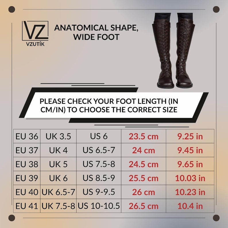 May include: A pair of dark brown knee-high lace-up boots with a wide foot anatomical shape. The image includes a sizing chart with EU, UK, and US sizes, along with foot length measurements in cm ranging from 23.5 cm to 26.5 cm for reference.